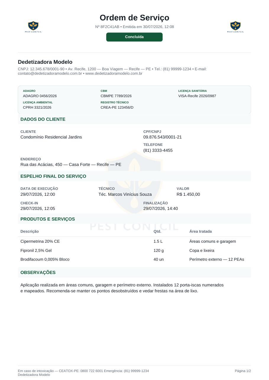Ordem de serviço em PDF com dados do cliente, licenças, produtos aplicados e observações